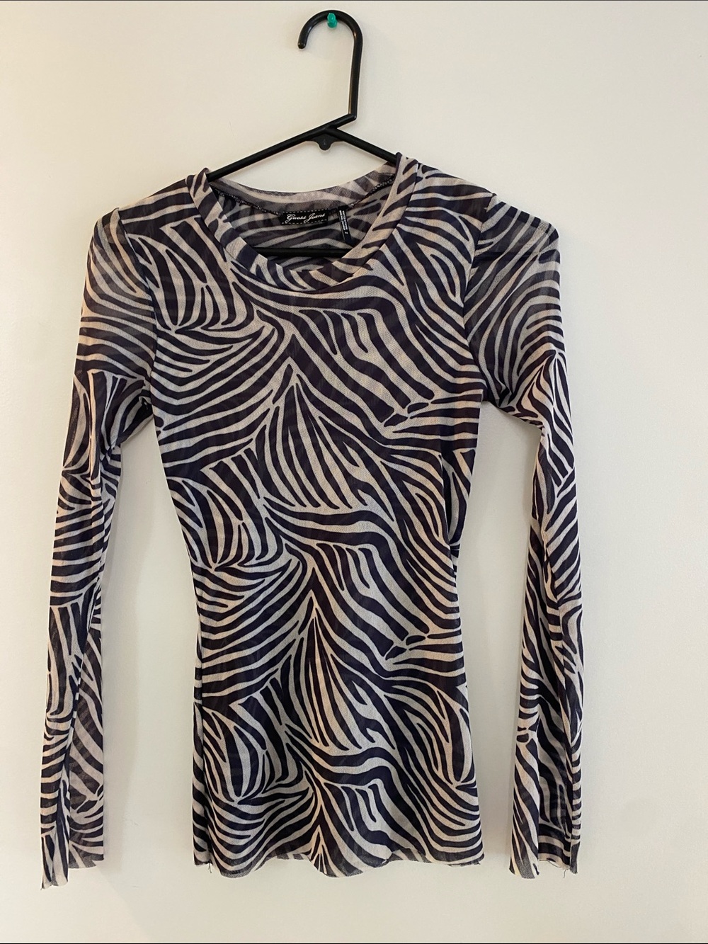 Guess LIKE NEW Fitted Black & Cream Zebra-Print Long-Sleeve Sheer Shirt Size Med